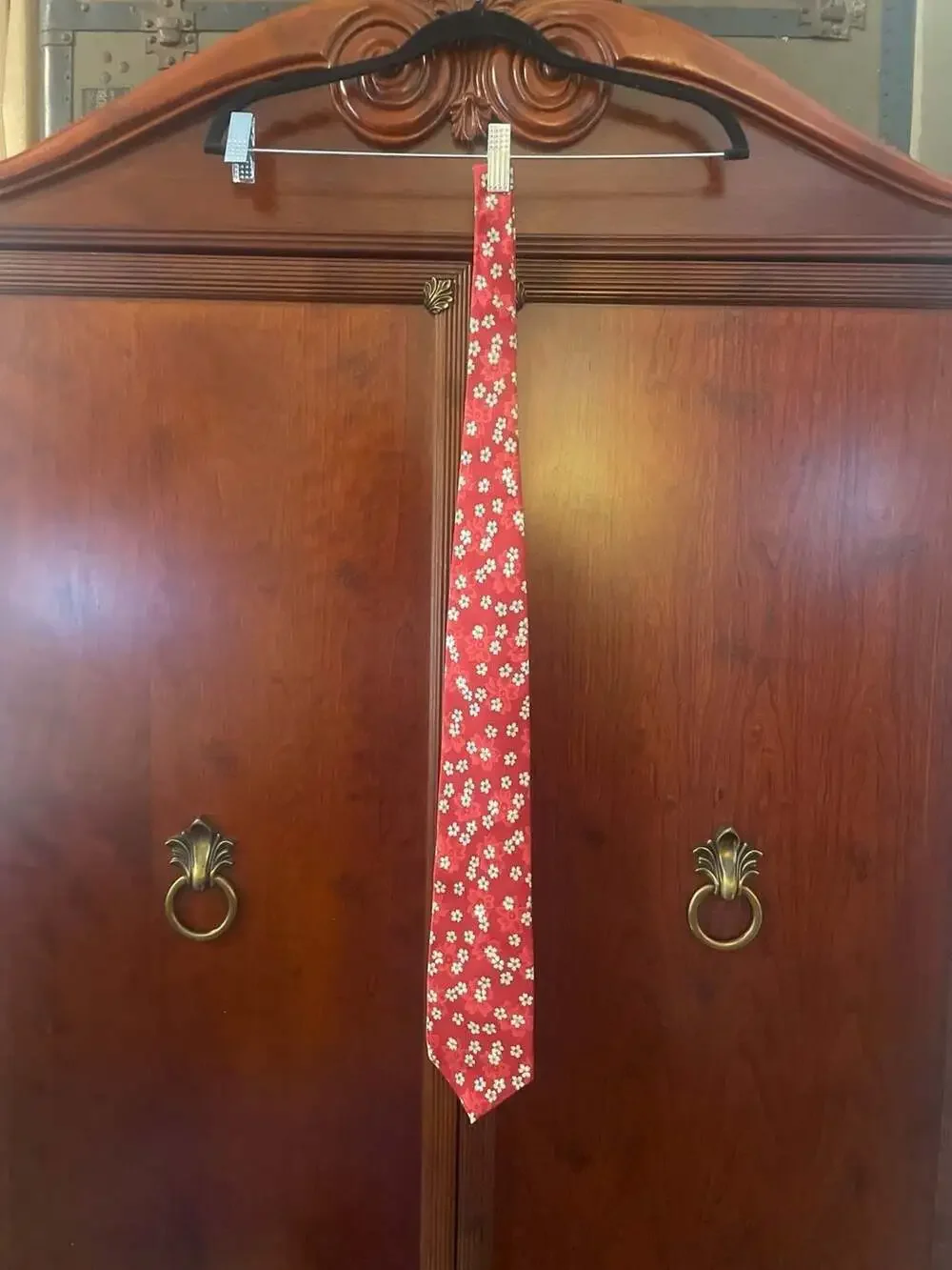Claiborne Red Silk Tie with White and Floral Blossom Pattern